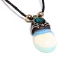 Handmade oval-shaped gemstone cabochon crystal pendant with resin, silver metal, and mini round chrysocolla stone on adjustable necklace in iridescent white opalite.