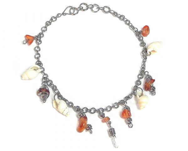 Handmade alpaca silver metal chain anklet with natural clear quartz crystal, chip stones, and natural seashell dangles in shiny orange color.