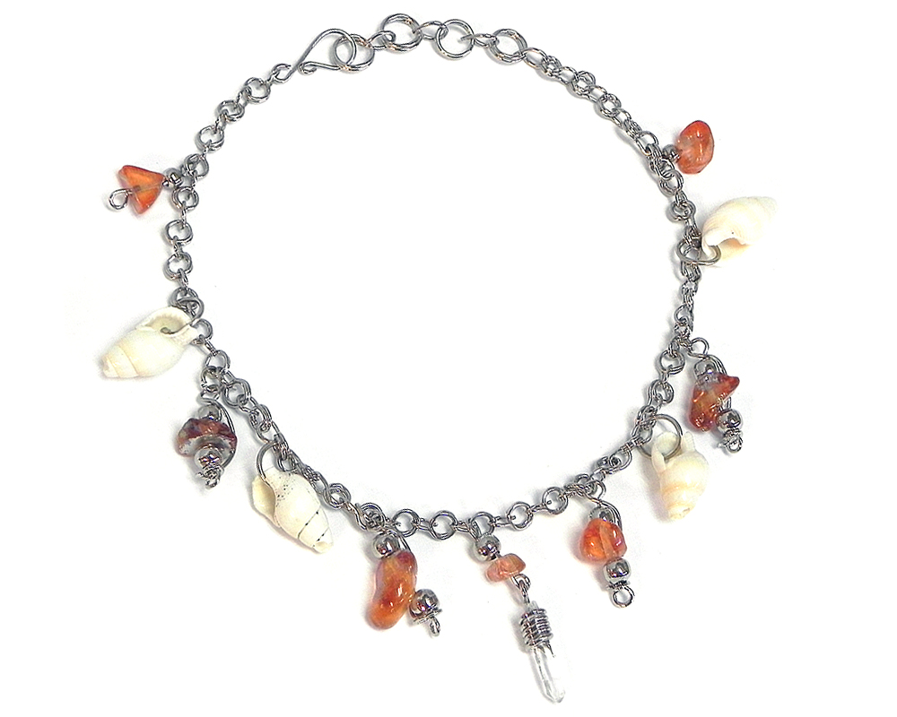 Handmade alpaca silver metal chain anklet with natural clear quartz crystal, chip stones, and natural seashell dangles in shiny orange color.