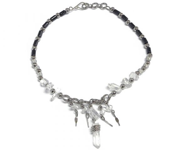 Handmade hematite and seed bead alpaca silver metal chain anklet with natural clear quartz crystal, chip stones, and metal dangles in clear color.