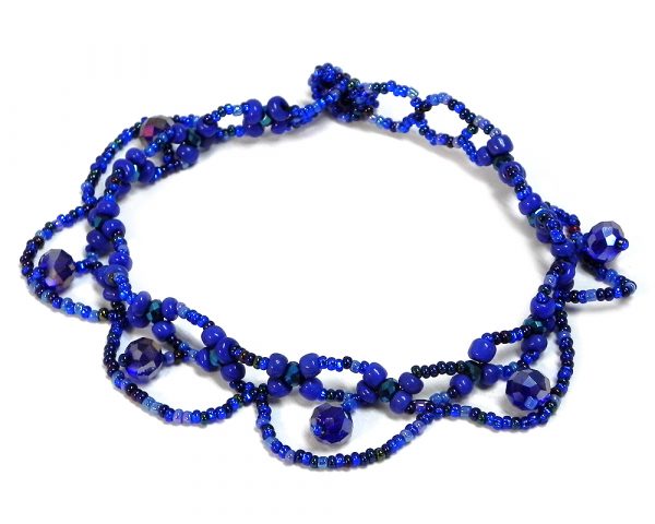 Handmade Czech glass seed bead and crystal bead loop anklet with beaded loop fringe dangles in blue, light blue, and dark blue color combination.