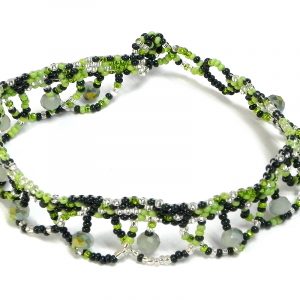 Handmade Czech glass seed bead and crystal bead anklet with multicolored pattern design and beaded loop fringe dangles in green, lime green, and silver color combination.
