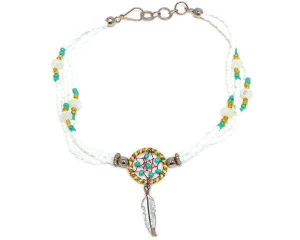 Handmade seed bead and crystal bead multi strand anklet with round beaded sparkle thread dream catcher and colored metal feather charm dangle in white, mint green, and gold color combination.