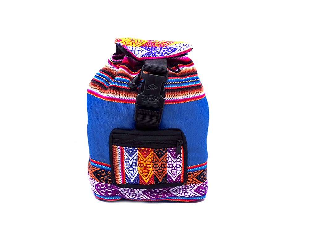 Handmade mini lightweight backpack bag with multicolored tribal print striped pattern material (or manta Inca) in turquoise blue color.