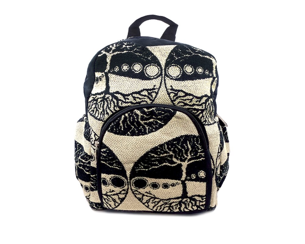 BP-020300093809 Small cushioned backpack bag with tree of life print pattern material and vegan suede in black and beige color combination.