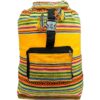 BP-030100039903 Handmade large lightweight backpack bag with multicolored tribal print striped pattern material (or manta Inca) in yellow color.