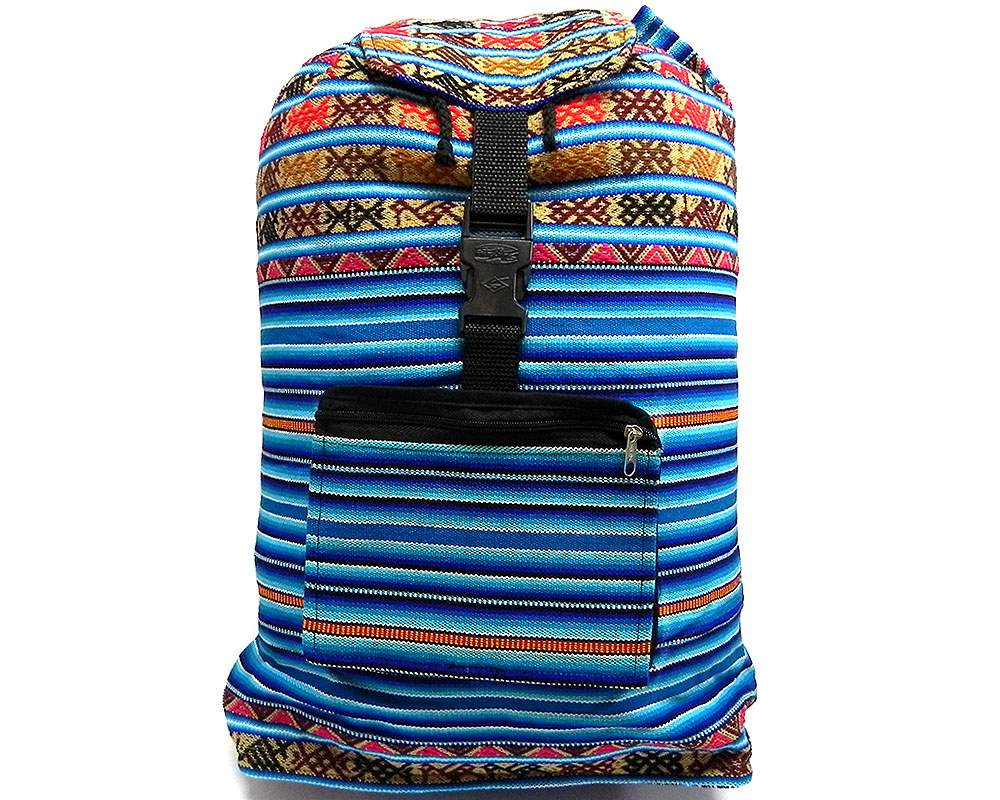 Handmade large lightweight backpack bag with multicolored tribal print striped pattern material (or manta Inca) in light blue, turquoise, brown, tan, red, black and white color combination.