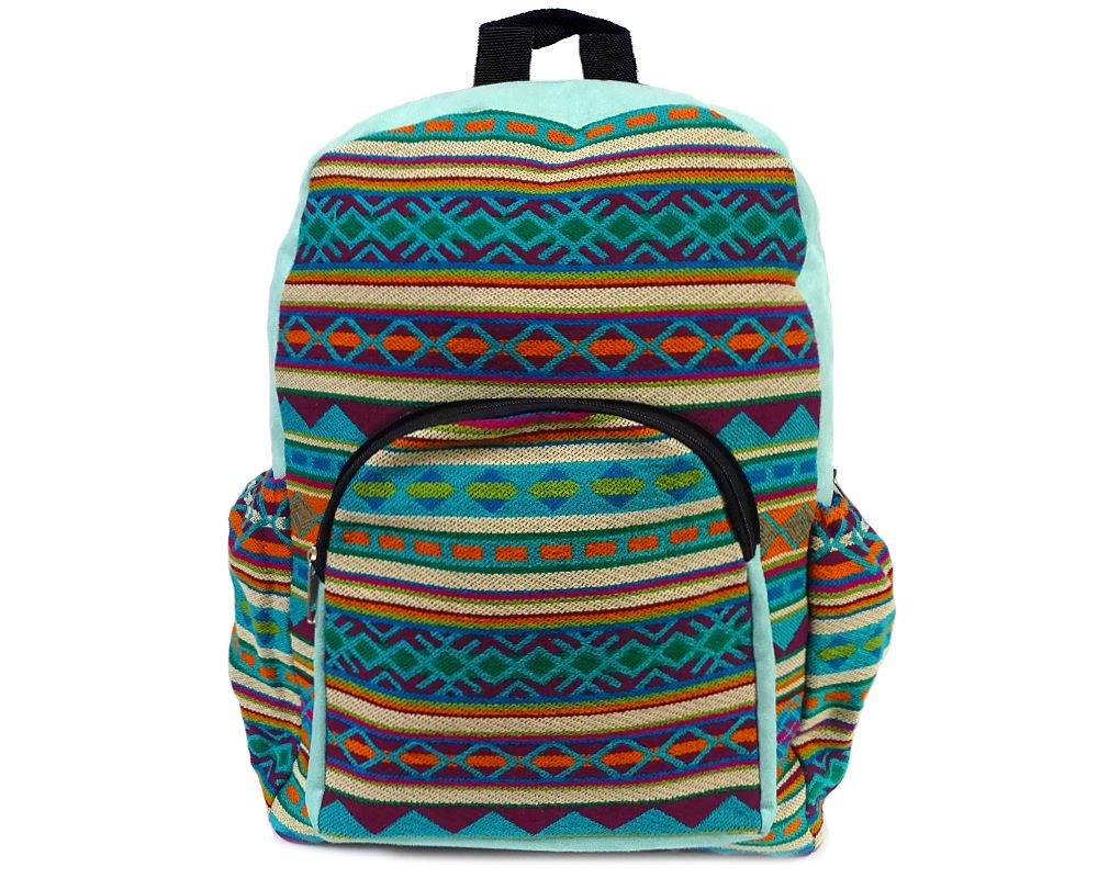 Handmade large cushioned backpack bag with multicolored Aztec inspired tribal print striped pattern material and vegan suede in mint, turquoise blue, burgundy, green, orange, and beige color combination.