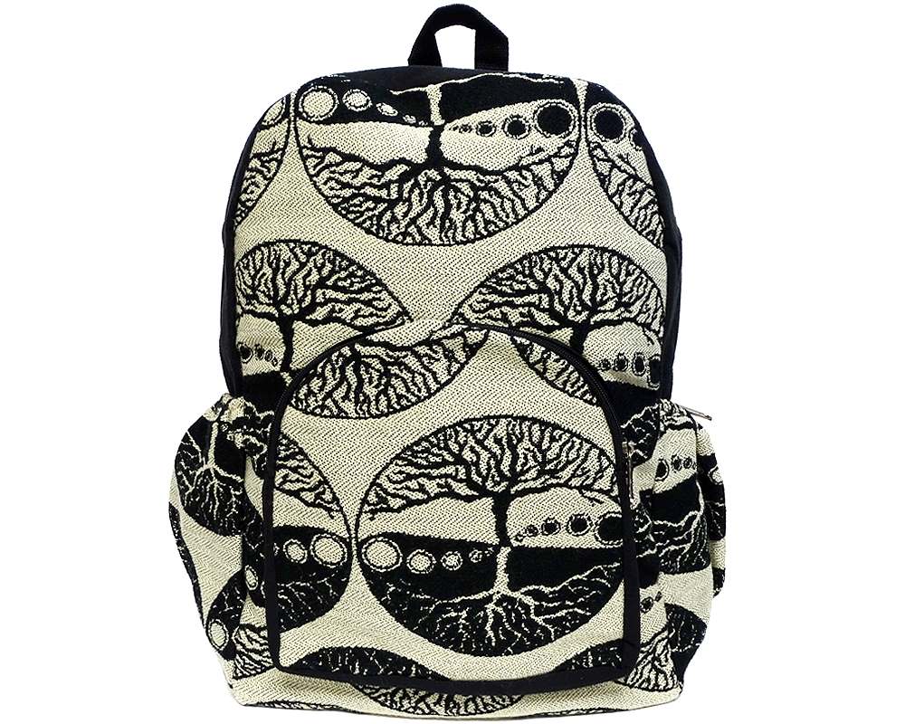 BP-030600380909 Handmade large cushioned backpack bag with tree of life print pattern material and vegan suede in black and beige color combination.