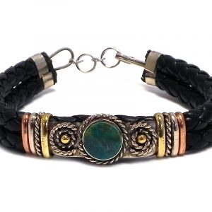 Handmade thick black braided leather bracelet with mixed metals and mini round stone cabochon centerpiece in teal green chrysocolla.