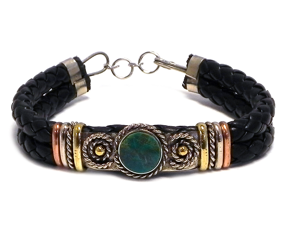 Handmade thick black braided leather bracelet with mixed metals and mini round stone cabochon centerpiece in teal green chrysocolla.