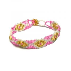 Handmade Czech glass seed bead thin strap bracelet with diamond pattern design in pink, white, and gold color combination.