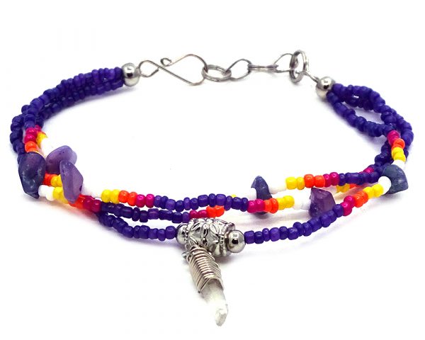 Handmade Native American inspired chip stone and multicolored seed bead multi strand bracelet with silver metal wire wrapped clear quartz crystal point dangle in dark purple, dark pink, orange, yellow, and white color combination.