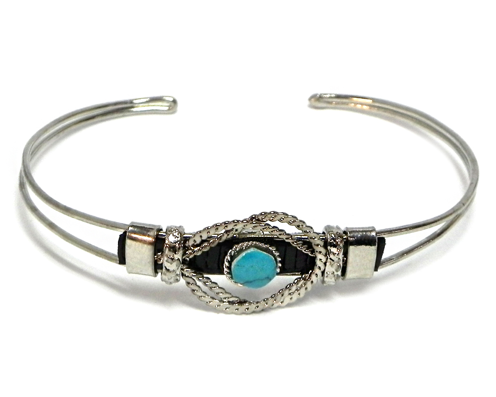 BR-020302359090 Handmade silver metal cuff bracelet with mini round-cut gemstone crystal cabochon centerpiece in turquoise blue howlite,