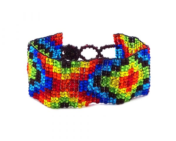 Handmade Czech glass seed bead wide strap bracelet with pixel diamond pattern design in rainbow color combination.