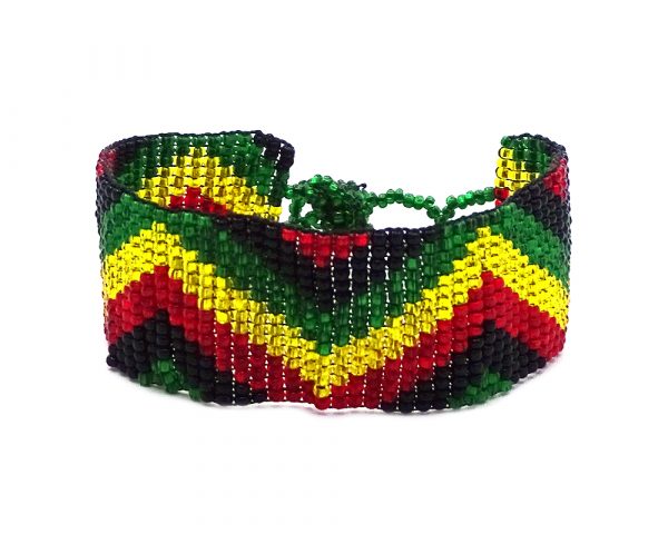 Handmade Czech glass seed bead wide strap bracelet with zig zag pattern design in Rasta colors.