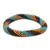 Handmade Czech glass seed bead bangle bracelet with slanted striped pattern design in turquoise mint, dark brown, and gold color combination.
