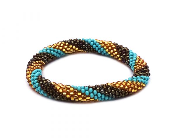 Handmade Czech glass seed bead bangle bracelet with slanted striped pattern design in turquoise mint, dark brown, and gold color combination.