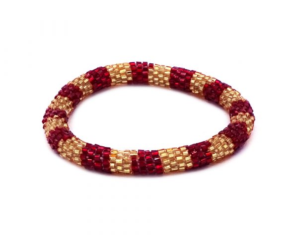 Handmade Czech glass seed bead bangle bracelet with striped pattern design in red and gold color combination.