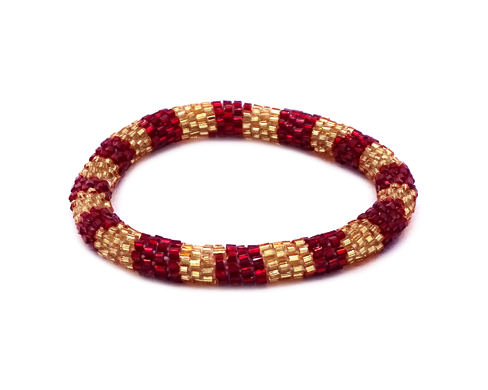 Handmade Czech glass seed bead bangle bracelet with striped pattern design in red and gold color combination.