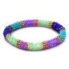 Handmade Czech glass seed bead bangle bracelet with tribal striped pattern design in turquoise blue, mint green, purple, indigo, and gold color combination.