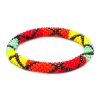 Handmade Czech glass seed bead bangle bracelet with criss cross pattern design in red, orange, yellow, mint green, and dark brown color combination.