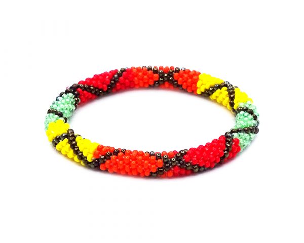 Handmade Czech glass seed bead bangle bracelet with criss cross pattern design in red, orange, yellow, mint green, and dark brown color combination.