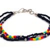 BR-030908090144 Handmade Native American inspired seed bead multi strand bracelet in black, dark purple, red, yellow, and mint green color combination.