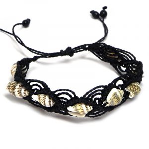 Handmade macramé braided string pull tie bracelet with multiple natural seashells in black color.