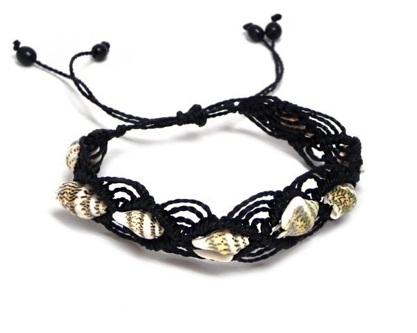 Handmade macramé braided string pull tie bracelet with multiple natural seashells in black color.