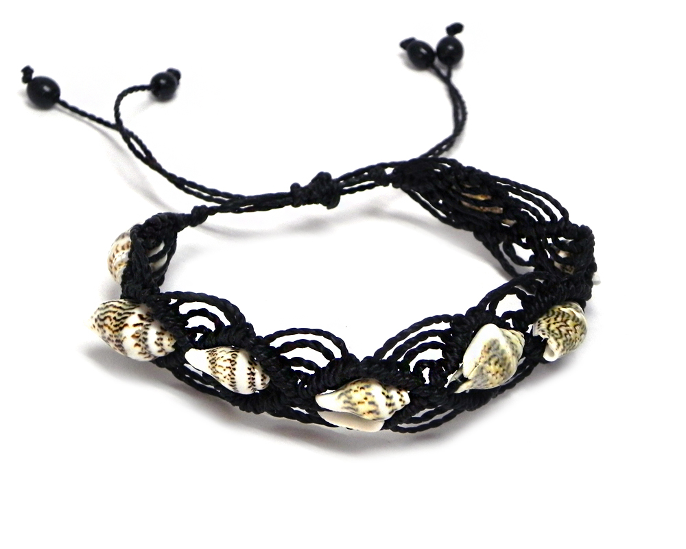 BR-070201090008 Handmade macramé braided string pull tie bracelet with multiple natural seashells in black color.