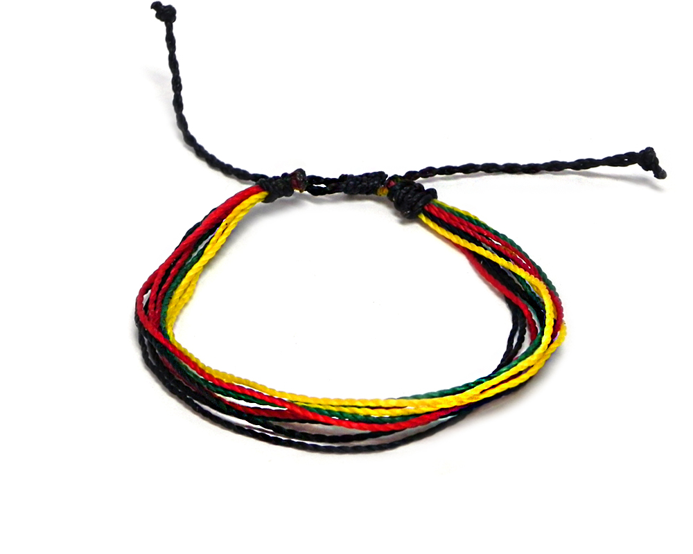 BR-070301010403 Handmade Rasta multi strand string pull tie bracelet in red, green, yellow, and black color combination.