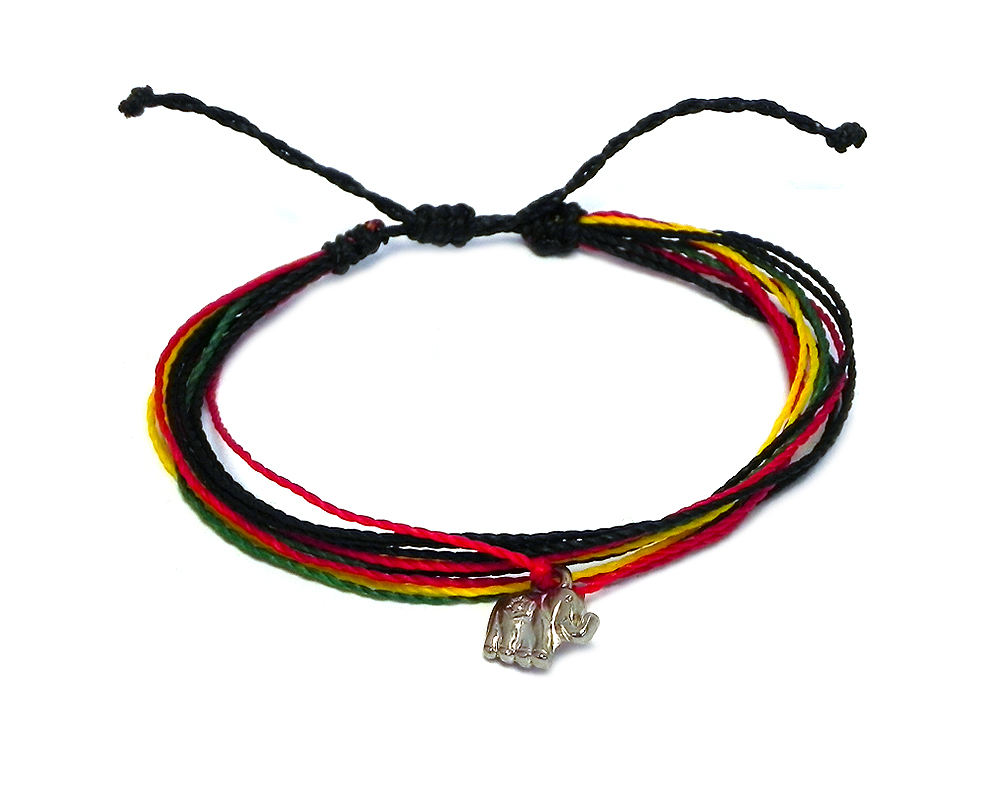 Handmade multicolored multi strand string pull tie bracelet with silver metal elephant charm dangle in Rasta colors.