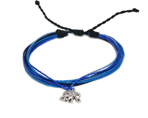 Handmade multicolored multi strand string pull tie bracelet with silver metal elephant charm dangle in black, turquoise, light blue, and blue color combination.