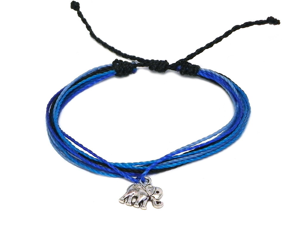 BR-070302091505 Handmade multicolored multi strand string pull tie bracelet with silver metal elephant charm dangle in black, turquoise, light blue, and blue color combination.