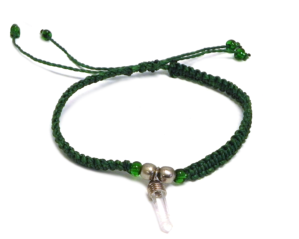 BR-070401040004 Handmade macramé braided string pull tie bracelet with silver metal wire wrapped clear quartz crystal dangle in green color.