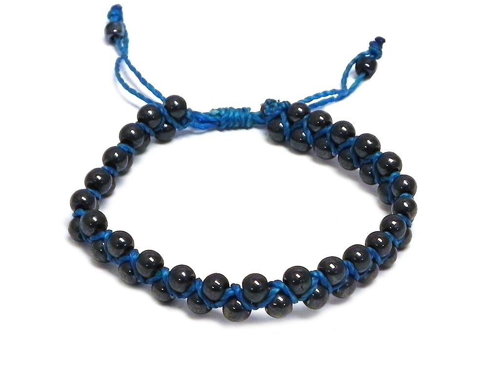 Handmade macramé braided string pull tie bracelet with dark gray hematite gemstone beads in turquoise blue color.