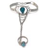 Handmade alpaca silver metal cuff harem bracelet with teardrop-shaped resin and crushed chip stone inlay cabochon centerpiece, chain linked to mini round bead ring in turquoise blue color.