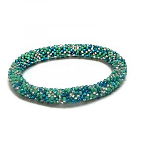 Handmade Czech glass seed bead bangle bracelet in turquoise blue, aqua mint, and white silver color combination.