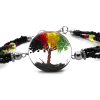 Handmade beaded multi strand tree of life bracelet with crushed chip stone, wire, acrylic, seed bead, crystal beads, and easy hook clasp in red, green, yellow, and black color combination.