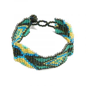 Handmade Czech glass seed bead wide strap bracelet with diamond pattern design in turquoise mint, dark brown, gold, and blue color combination.