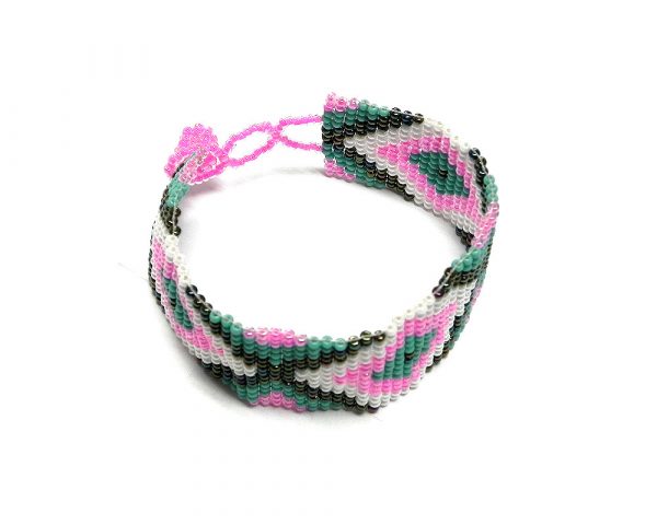 Handmade Czech glass seed bead wide strap bracelet with diamond pattern design in pink, white, turquoise mint, and black color combination.