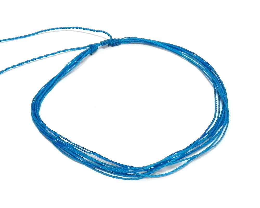 Handmade multi strand wax-coated solid colored string pull tie choker necklace in turquoise blue color.