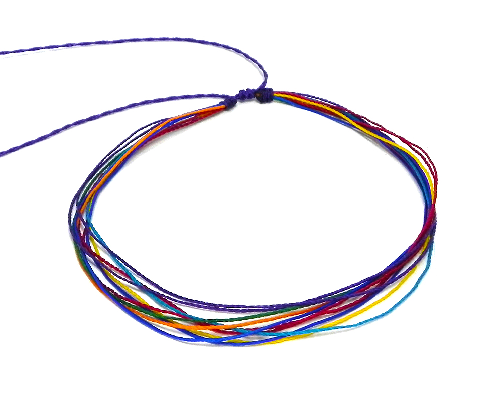 Handmade multi strand wax-coated multicolored string pull tie choker necklace in rainbow colors.
