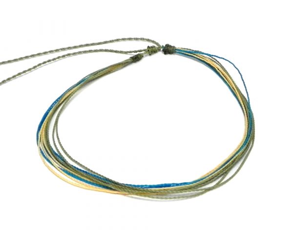 Handmade multi strand wax-coated multicolored string pull tie choker necklace in olive green, turquoise blue, and beige color combination.