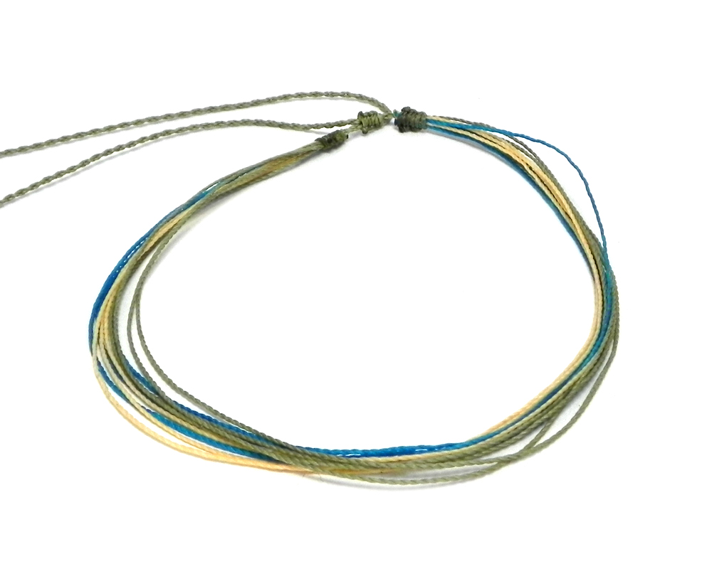 CH-020101643538 Handmade multi strand wax-coated multicolored string pull tie choker necklace in olive green, turquoise blue, and beige color combination.