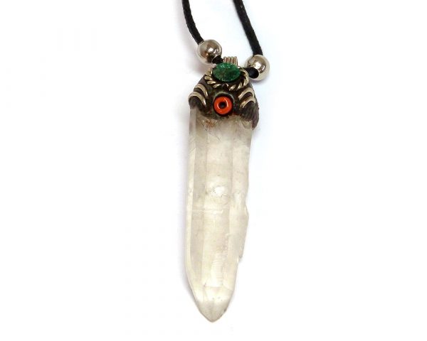 Natural clear quartz crystal point pendant with resin, silver metal, and mini round chrysocolla stone cabochon on adjustable necklace.