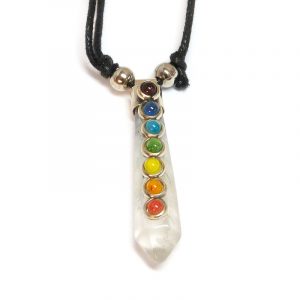 Handmade hexagonal-cut gemstone crystal point pendant with silver metal and 7 Chakra rainbow-colored beads on adjustable necklace in clear quartz.