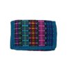 Handmade woven trifold wallet with cotton, hook-and-loop closure, and inner zipper pocket in turquoise.