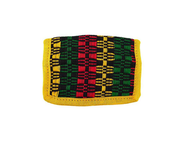 Handmade Rasta woven trifold wallet with cotton, hook-and-loop closure, and inner zipper pocket in yellow.